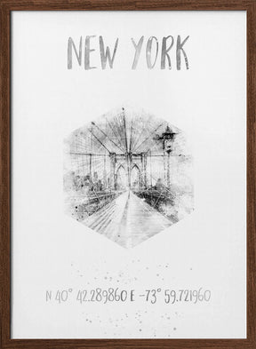 Coordinates NYC Brooklyn Bridge |  monochrome watercolor Poster