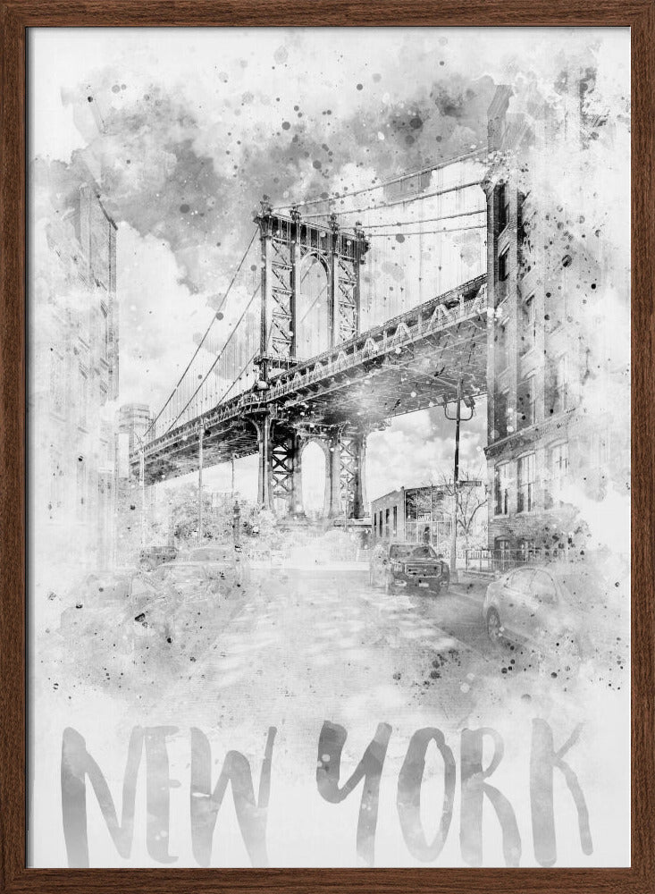 Monochrome Art NYC Manhattan Bridge | watercolor Poster