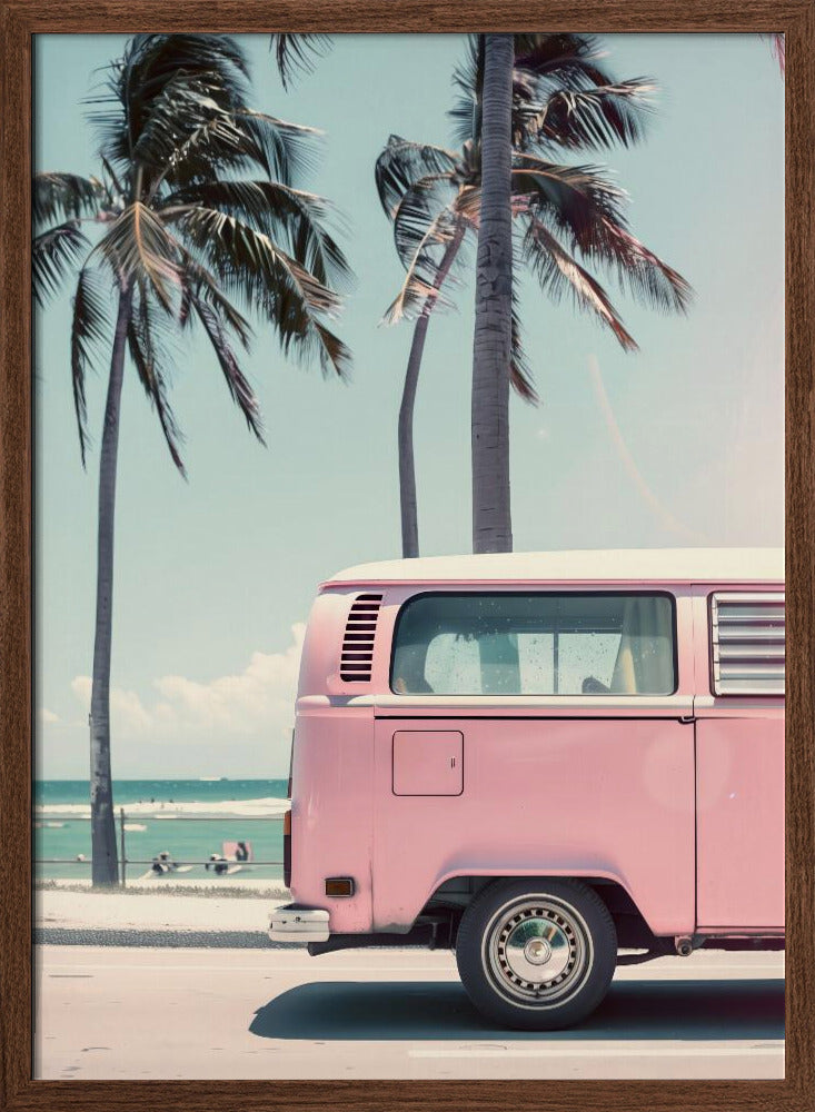 Pink Bus By the Beach Poster