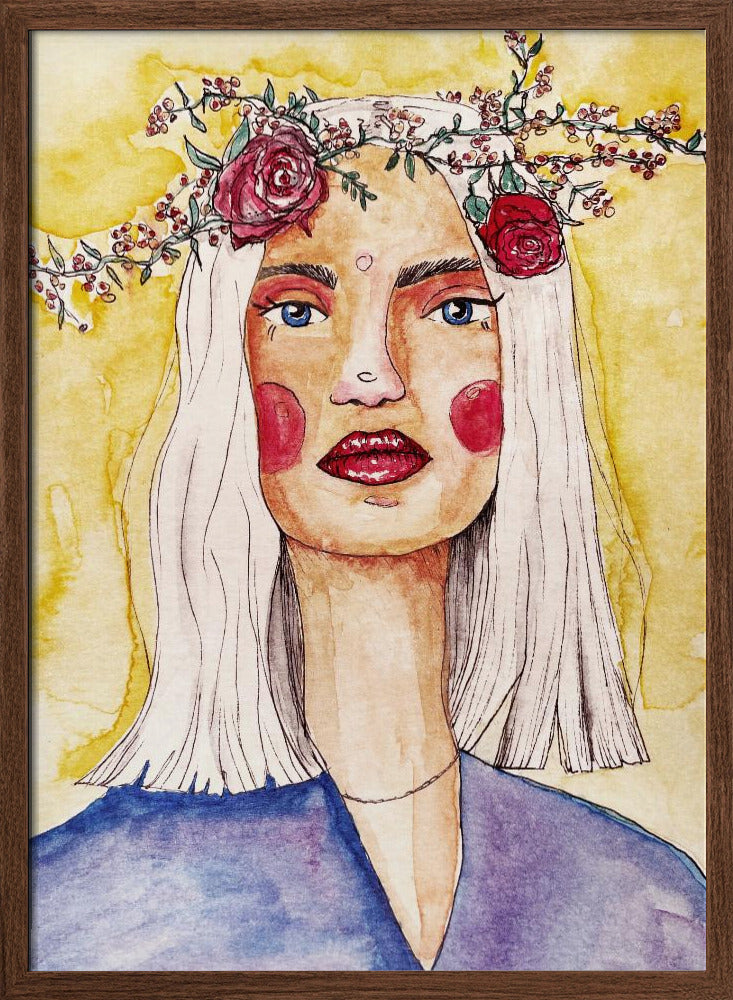 Lady with flower wreath Poster