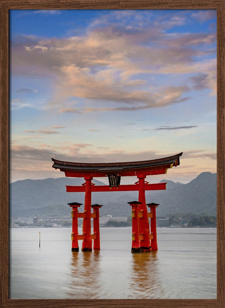 Vermilion Torii of Itsukushima Shrine on Miyajima in the evening Poster