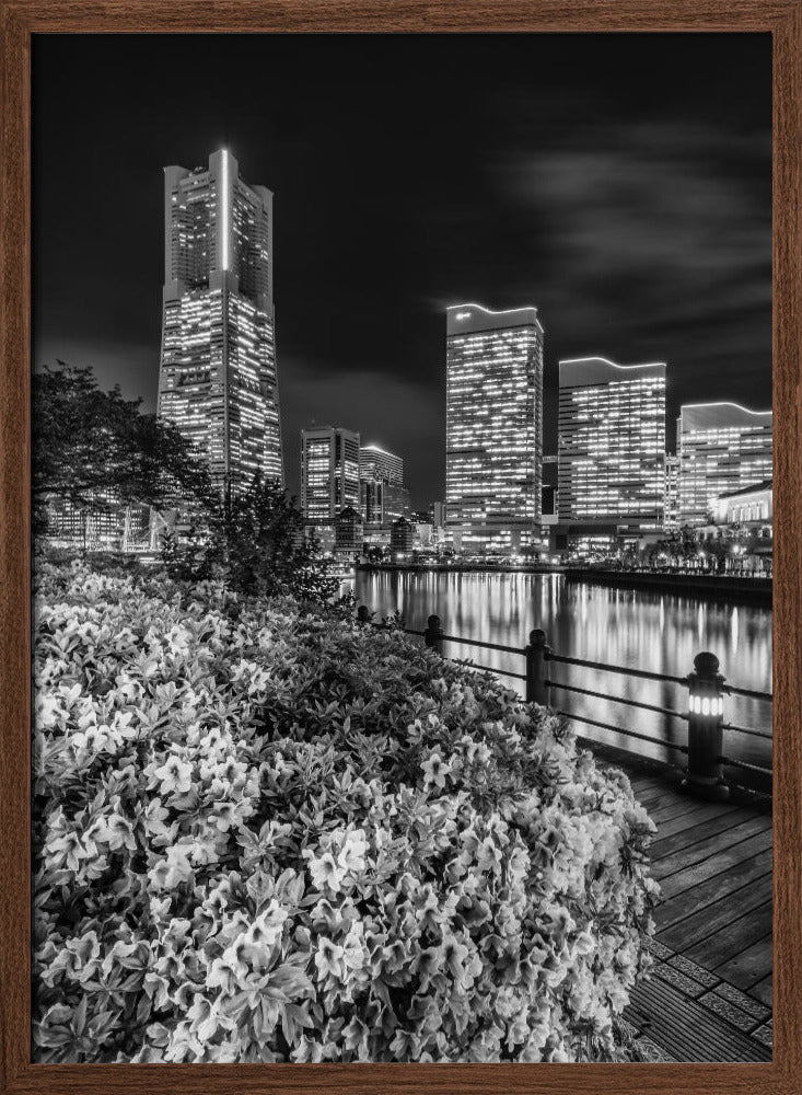 Picturesque Yokohama skyline at night - monochrome Poster