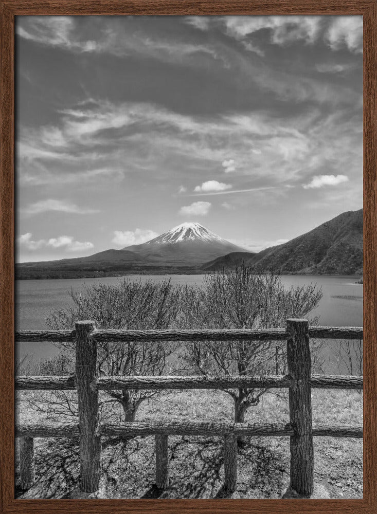 Lake Motosu with Mount Fuji - monochrome Poster