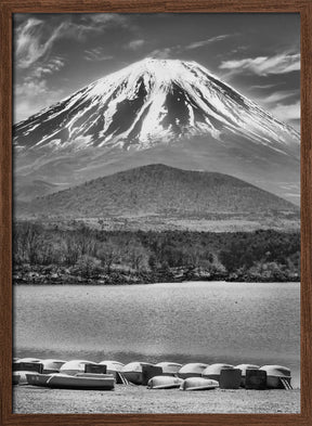 Picturesque Lake Shoji with striking Mount Fuji - monochrome Poster