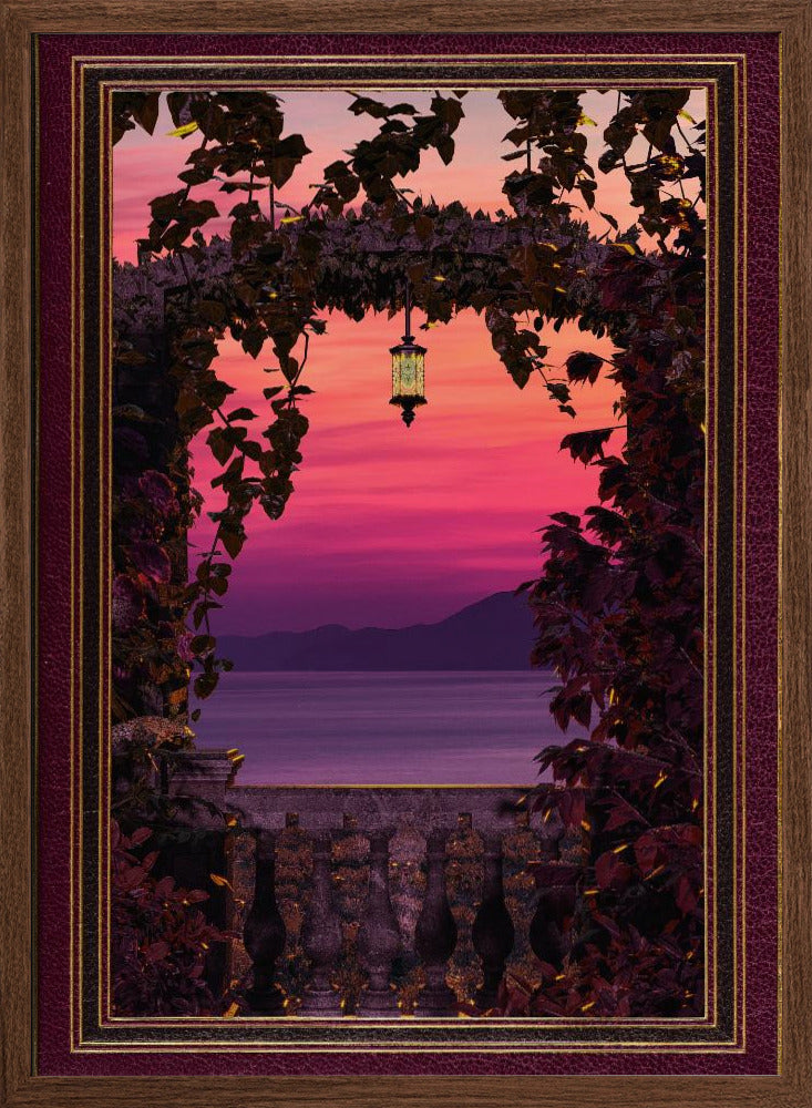 Sunset view with ornate &amp; gold burgundy frame Poster