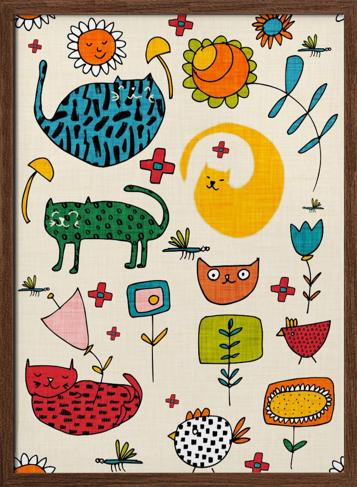 Spring Cat Beige - Cute Whimsical Cats with Flowers Poster