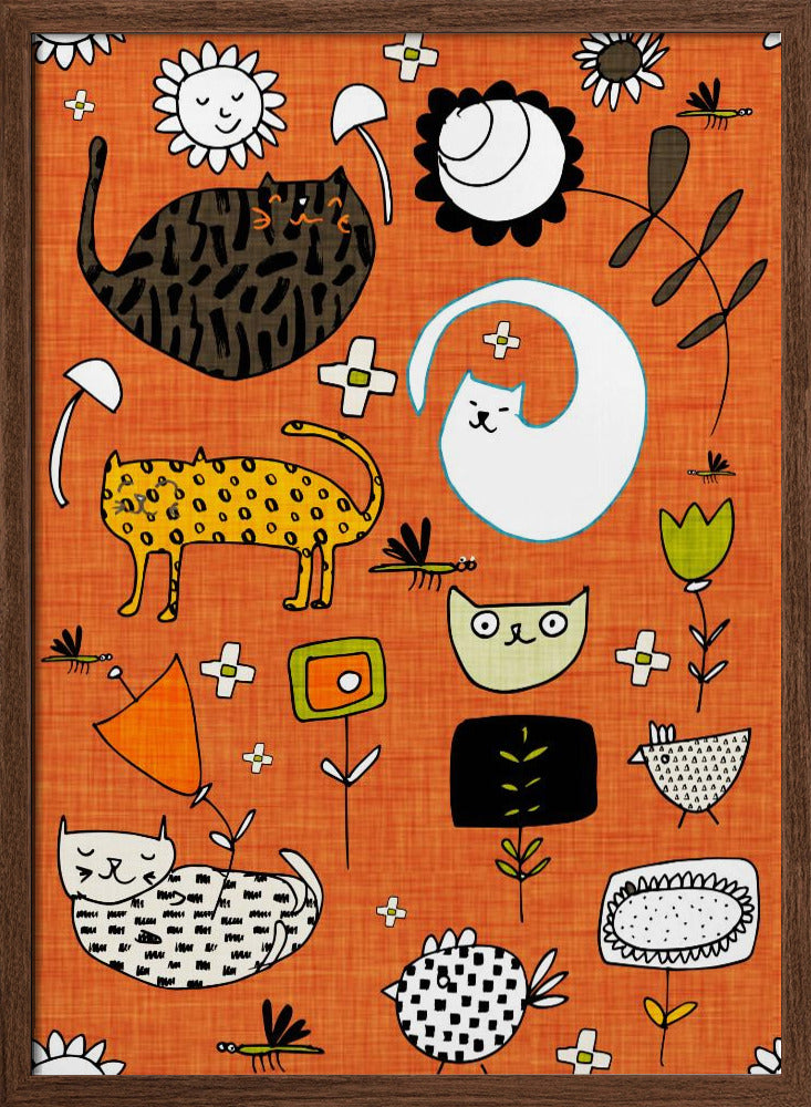 Spring Cat Orange - Cute Whimsical Cats with Flowers Poster