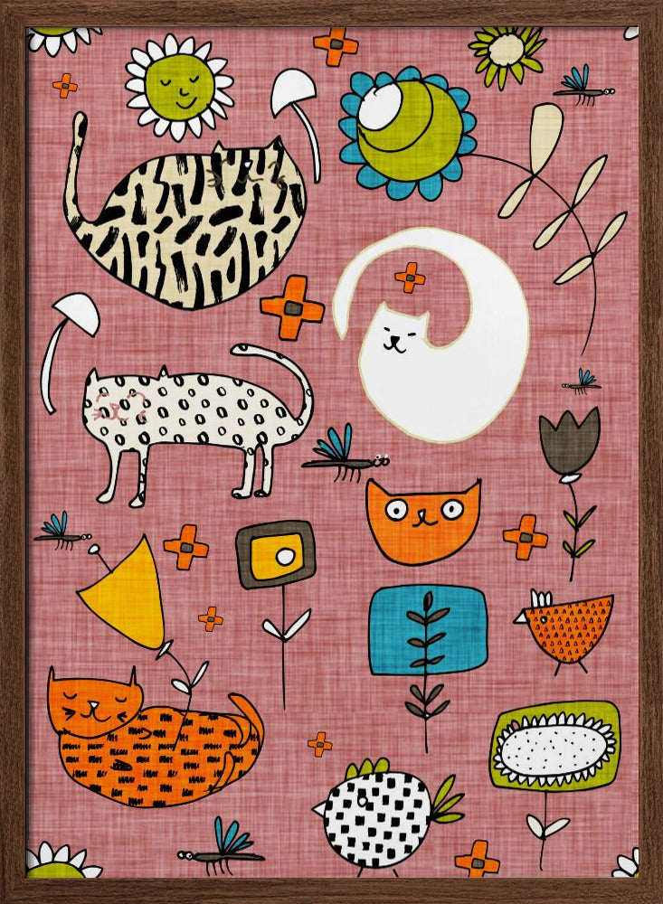 Spring Cat Pink - Cute Whimsical Cats with Flowers Poster