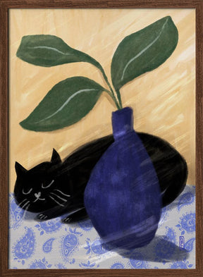 Sleeping Black Cat On Paisly Lia Illustration Poster