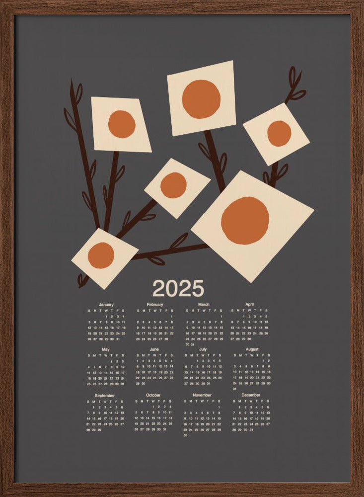 Sunburst Blossoms Charcoal 2025 Mid Century Calendar Poster