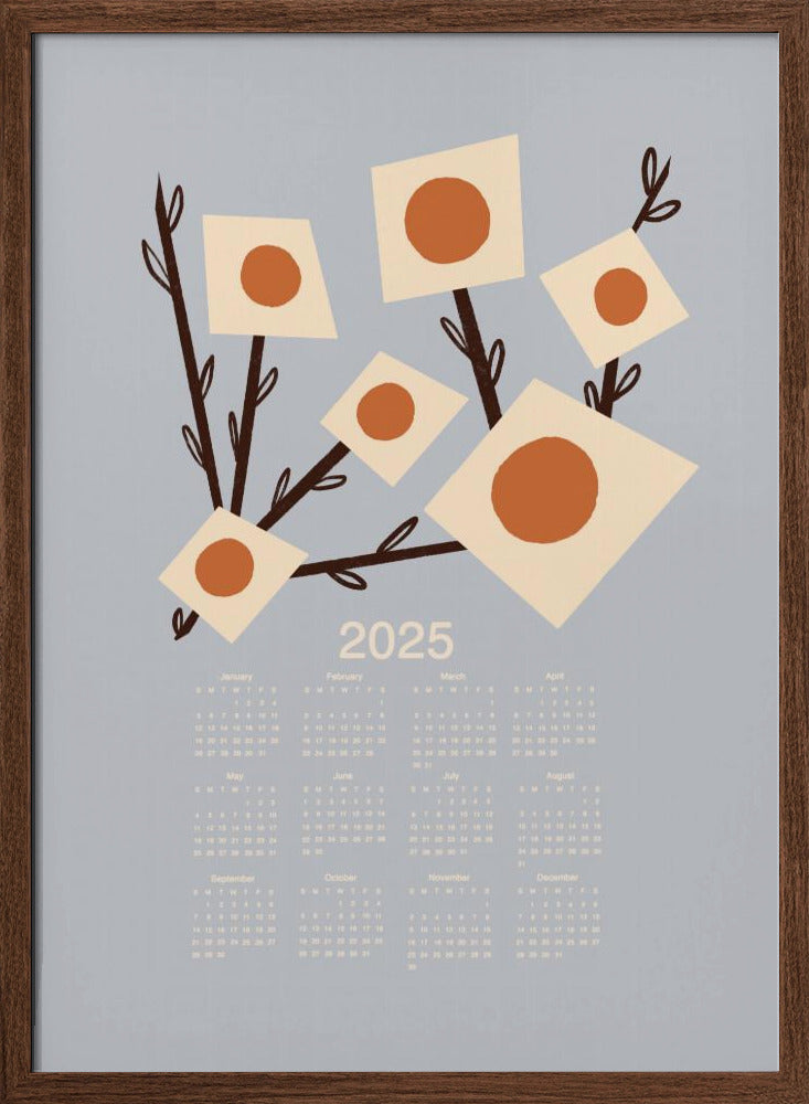 Sunburst Blossoms Grey 2025 Mid Century Calendar Poster