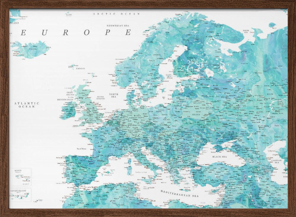 Aquamarine detailed map of Europe Poster