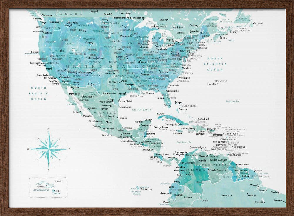Aquamarine map of USA and Mexico Poster