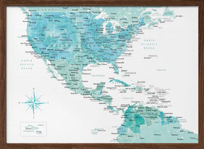 Aquamarine map of USA and Mexico Poster