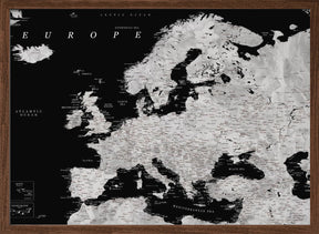 Black and grey detailed map of Europe Poster