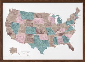 Pink and teal watercolor map of the US Poster