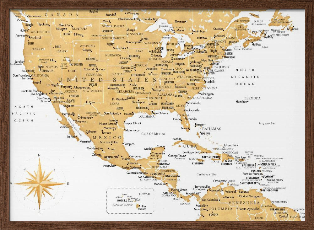 Golden map of USA and Mexico Poster