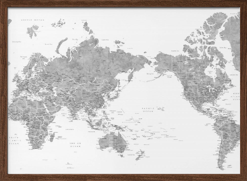 Pacific centered world map in gray watercolor Poster