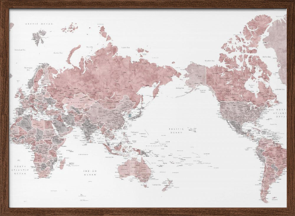 Pacific centered world map in dusty pink Poster