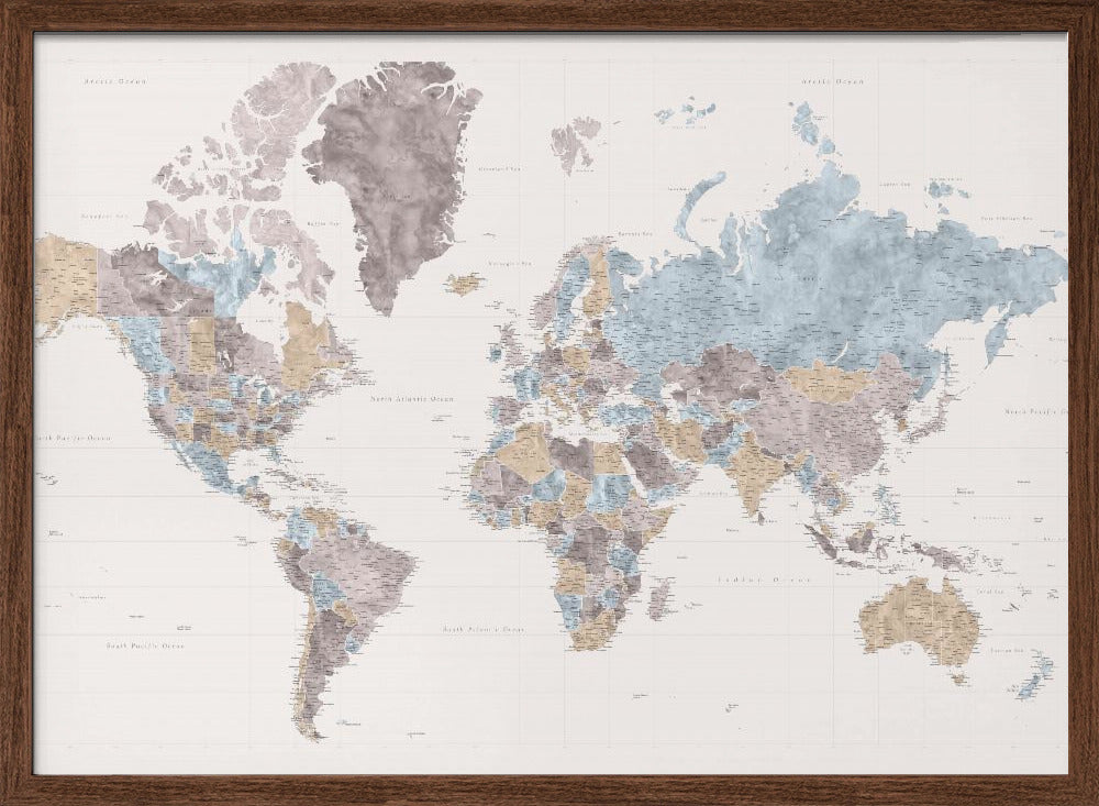 Mahler highly detailed world map with cities Poster