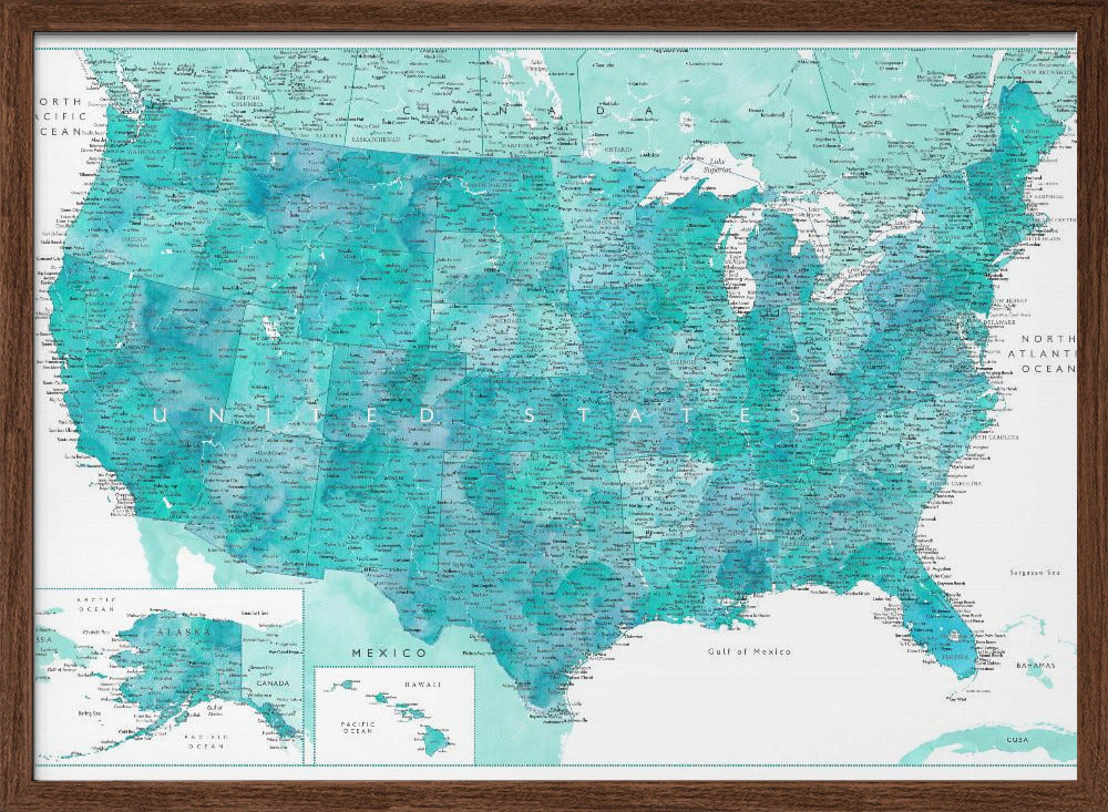 Highly detailed map of the United States, Caribbean waters Poster