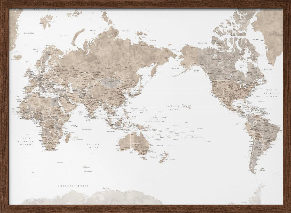 Pacific-centered world map with cities, Abey Poster