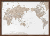 Pacific-centered world map with cities, Abey Poster