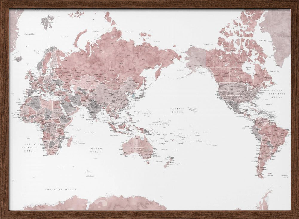 Pacific-centered world map with cities, Piper Poster