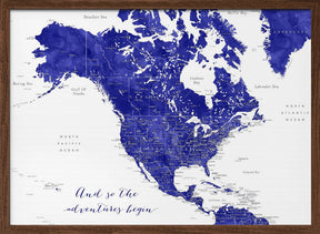 Adventure map of North America in cobalt blue Poster