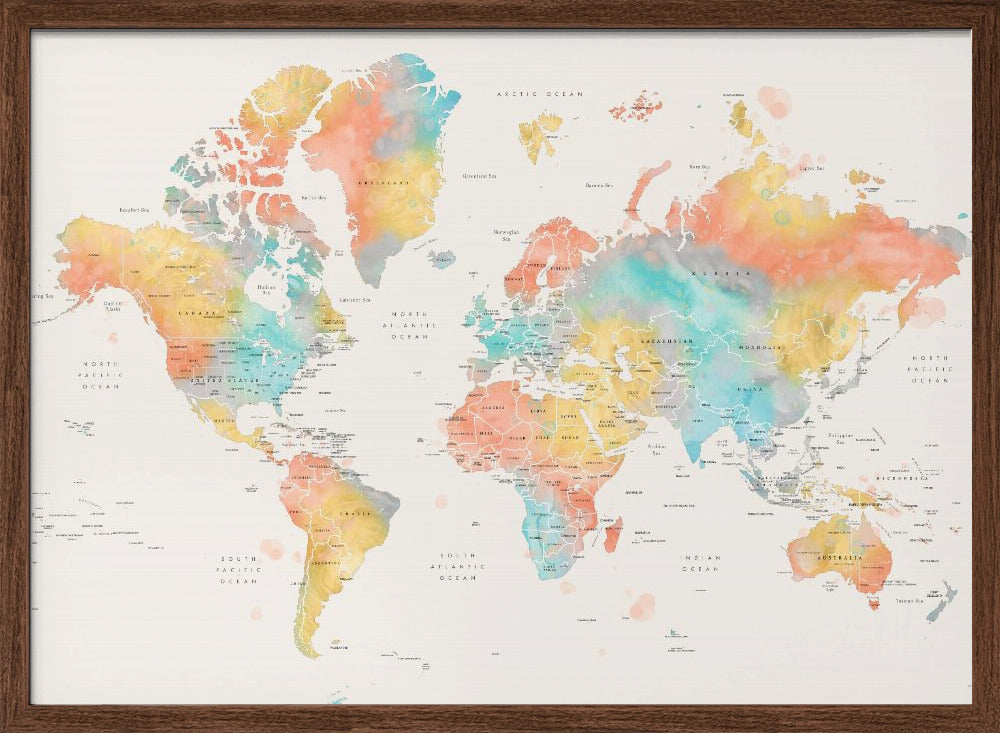 Watercolor world map with countries, Fifi Poster