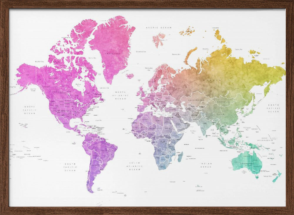 Watercolor world map with countries, Leo Poster