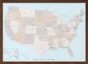 Isolated map of the United States with States and State capitals Poster