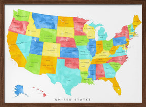 Colorful map of the United States with States and State capitals Poster