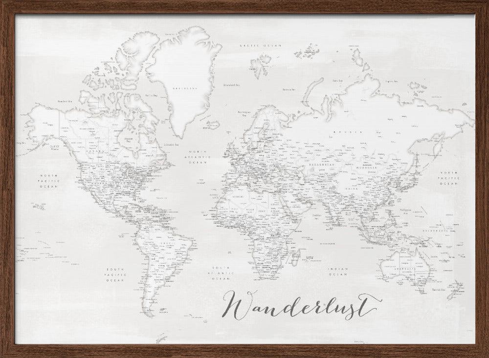 Wanderlust, detailed world map with cities, Maeli white Poster