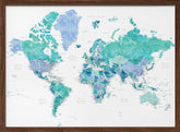 Detailed world map with cities, Caribbean waters Poster