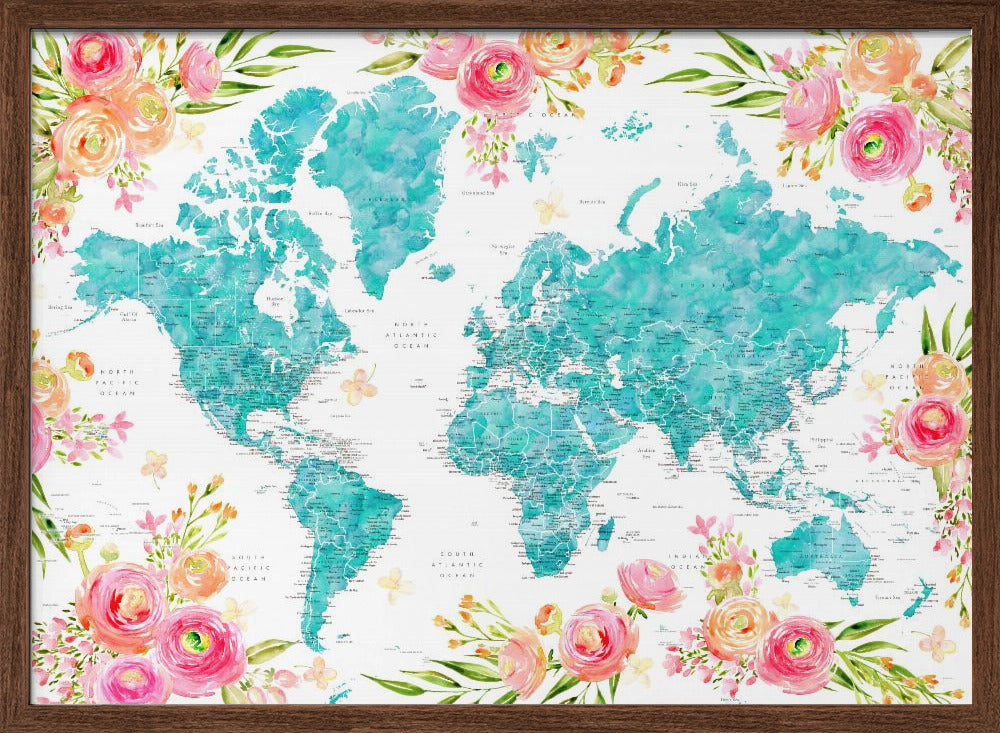 Detailed floral world map with cities, Haven Poster