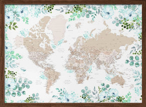 Detailed floral world map with cities, Leanne Poster