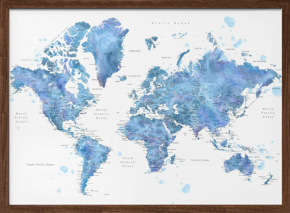 Blue watercolor world map with cities, Simeon Poster