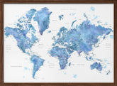 Blue watercolor world map with cities, Simeon Poster