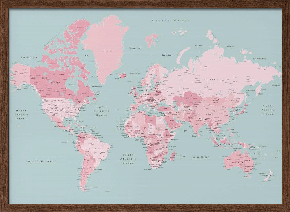 Pink and aqua world map with cities, Isobel Poster