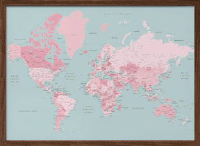 Pink and aqua world map with cities, Isobel Poster