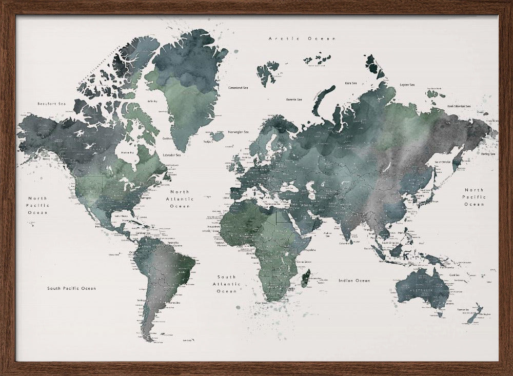 Watercolor world map with cities, Makoa Poster