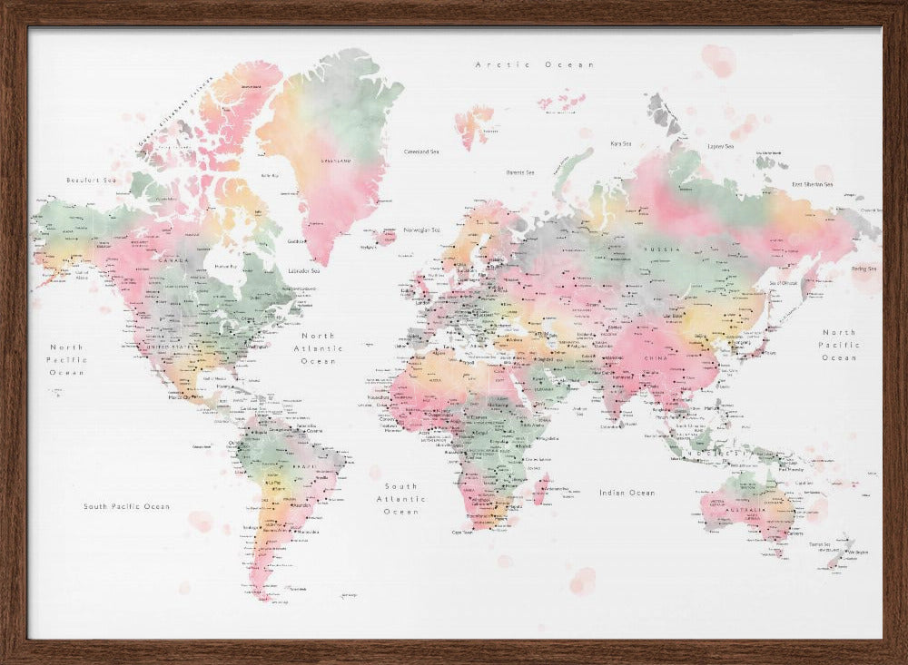 Pastel watercolor world map with cities, Anjah Poster