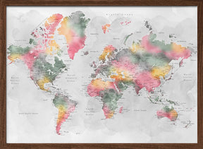 Watercolor world map with cities, Zadie Poster