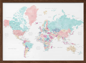 Distressed pastels world map with cities, Carmen Poster