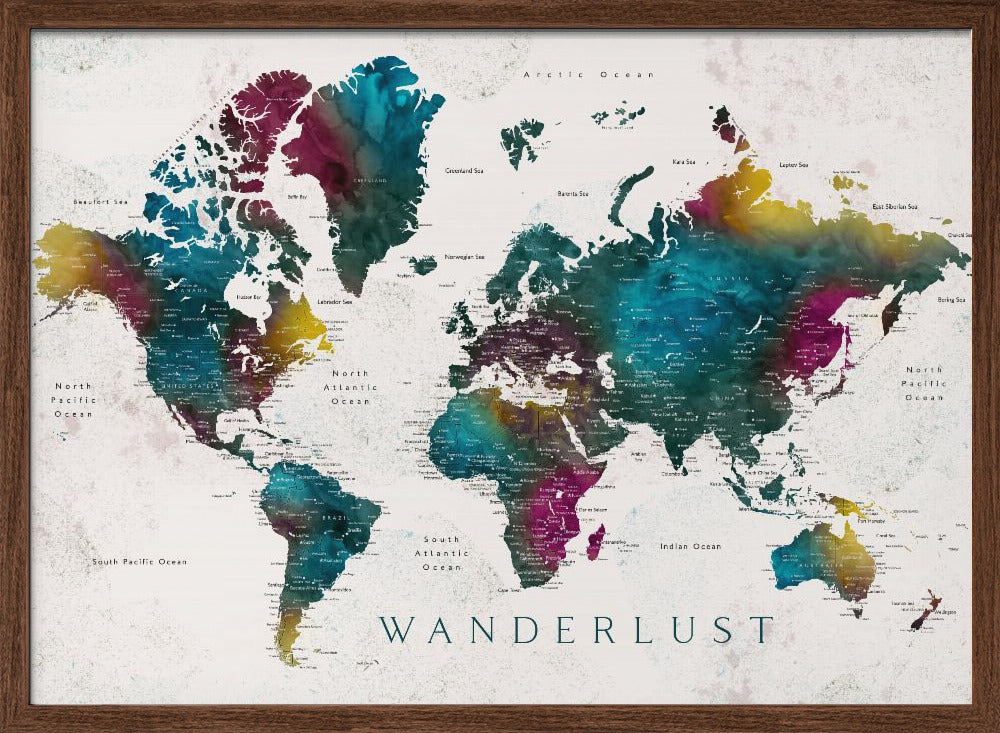 Charleena world map with cities, Wanderlust Poster