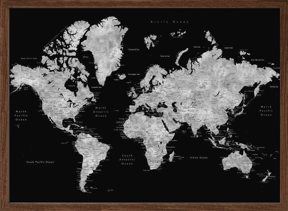 Gray world map with cities, Baibah Poster