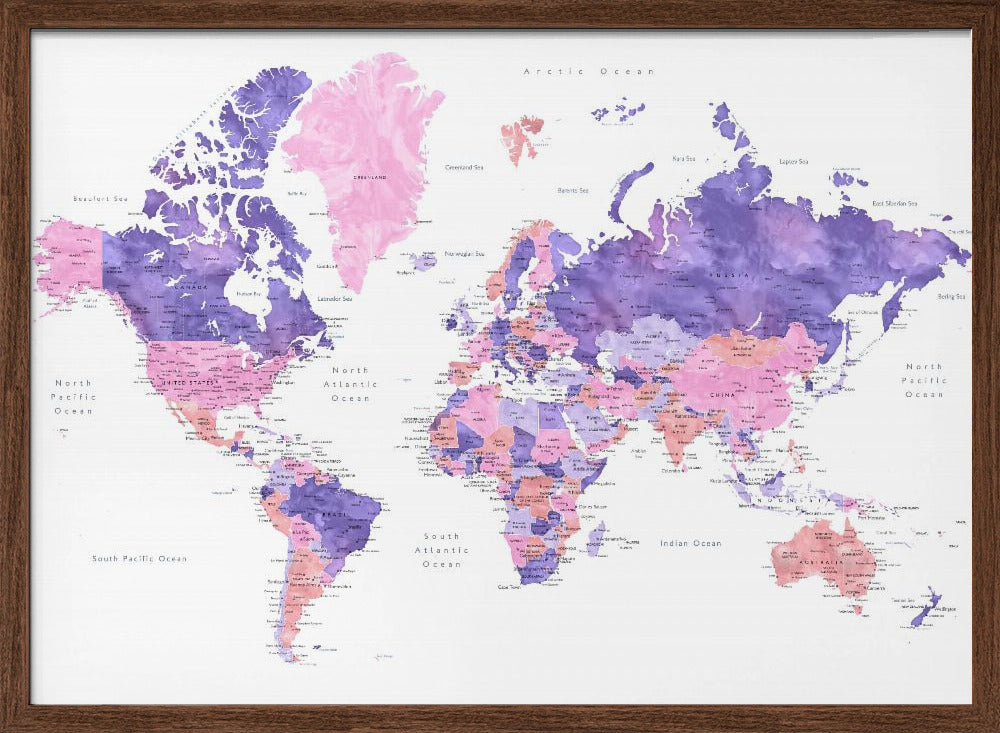 Watercolor world map with cities, Brandie Poster