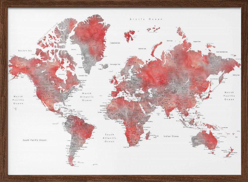 Red world map with cities, Lyssah Poster