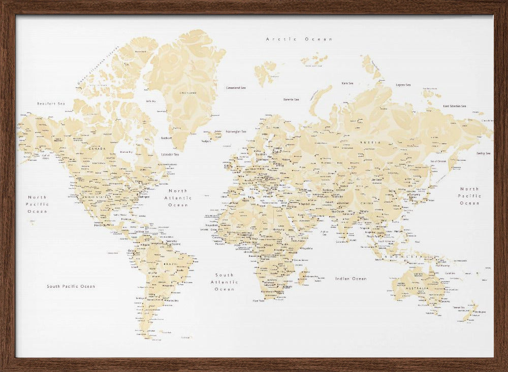 Soft florals world map with cities, Remy Poster